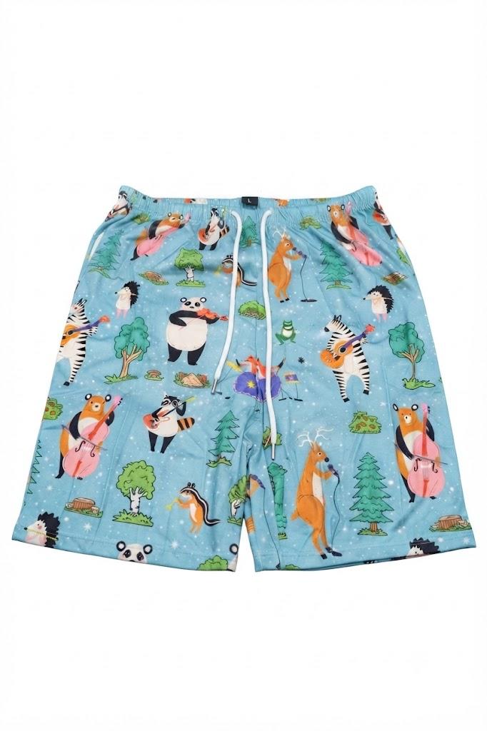 Unisex Casual Drawstring Shorts with Animal Musician Print – Size Large