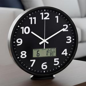 zyzamay 12 Inch Modern Black Indoor/Outdoor Wall Clock with LCD Display Thermometer & Week & Date, Silent Accurate Timekeeping, Large White Numbers in Black Dial