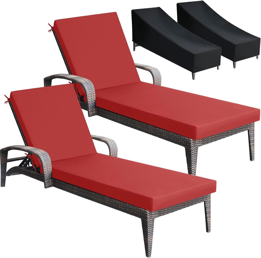 Patelai 2 Set Outdoor Chaise Lounge Cushions with Chair Covers, 70 x 21 x 3 Inch Waterproof Sun and Fade Resistant Thick Replacement Lounge Chair Cushions with Pockets for Patio Poolside (Red)