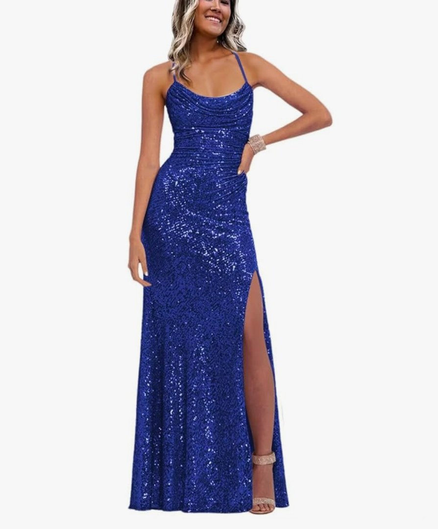 Stylefun Blue Lace Sequin Mermaid Prom Dresses Long 2025 for Women V Neck Pleated Formal Party Dress with Slit Cocktail Dress US8, Size Large