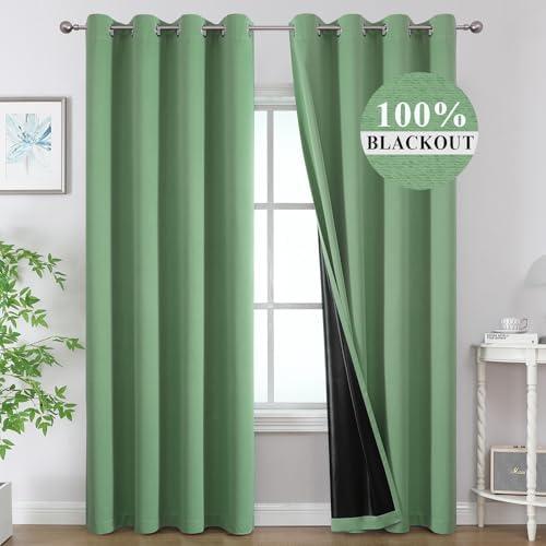 Estelar Textiler Sage Green 100% Blackout Curtains for Living Room, Thermal Insulated Complete Light Blocking Curtains for Bedroom, Noise Reducing Grommet Drapes with Black Liner, 52Wx84L, 2 Panels