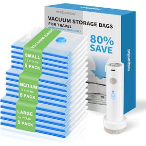 Mapambo Vacuum Storage Bags with -60000Pa USB Pump, 9 Pack Vacuum Seal Bags for Clothing Travel in 3 Sizes, Travel Vacuum Bags with Pump, Saving up to 80% of Luggage Space (9 Combo Size)