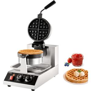 VEVOR Commercial Waffle Maker, 1300W Round Waffle Iron, Non-Stick Rotatable Waffle Baker Machine With 122-572 Temp Range and Time Control, Teflon-Coated Baking Pan Stainless Steel Body 120V