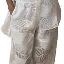 CHICME Womens Textured Two Piece Outfit Set Elegant Button Down Long Sleeve Shirt and Loose Wide Leg Pants Set (White, M)