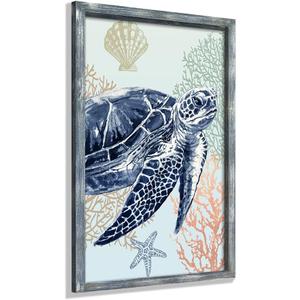 Sea Turtle Bathroom Wall Art: Teal Coastal Picture Wall Decor with Wooden Frame - Ocean Beach themed decor for Turtle Fans (24"L x 16"W)