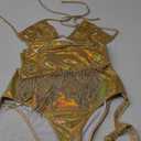 Cowgirl Outfits,Metallic Holographic Rave Outfit For Women Festival,4 Piece Sexy Fringe Halloween Costume (Small, Gold)