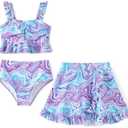 PATPAT Girl's Swimsuits 3 Piece Floral Print Ruffled Bikini Sets Bathing Suit with Cover Up Beach Skirt Summer Beachwear 5-6 y