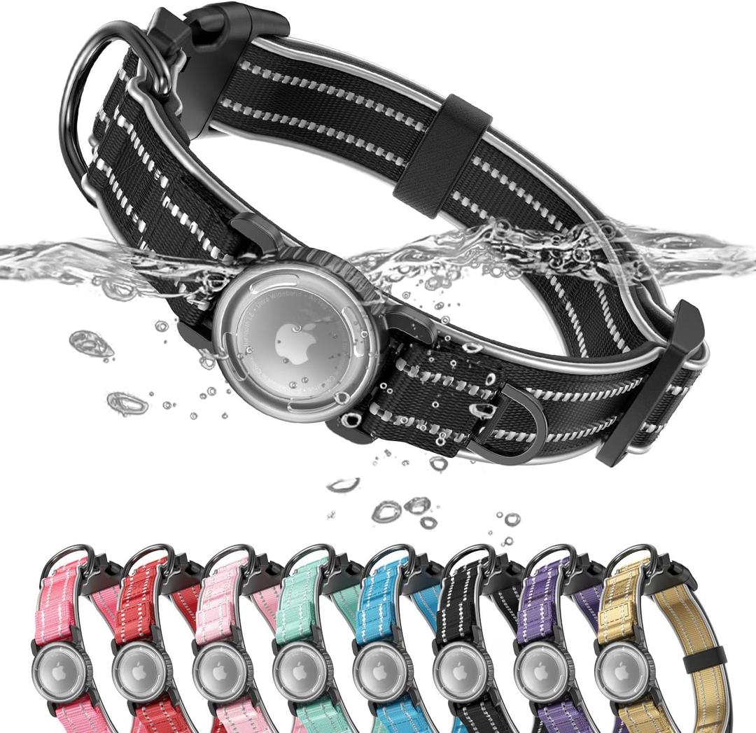 Upgrade Airtag Dog Collar,with IPX8 Waterproof AirTag Holder | Reflective Ultra-Durable | Soft Padded | Lock Buckle | Heavy Duty | Fit Small Medium Large DogsBlack1L(17"23")