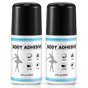 2 Pcs Roll On Body Adhesive for Dancers, 2oz Sweat Resistant Body Glue for Oily and Dry Skin, Clear & Non Toxic Liquid Tape Butt Adhesive for Compression Stocking, Wig Glue, Residue Free