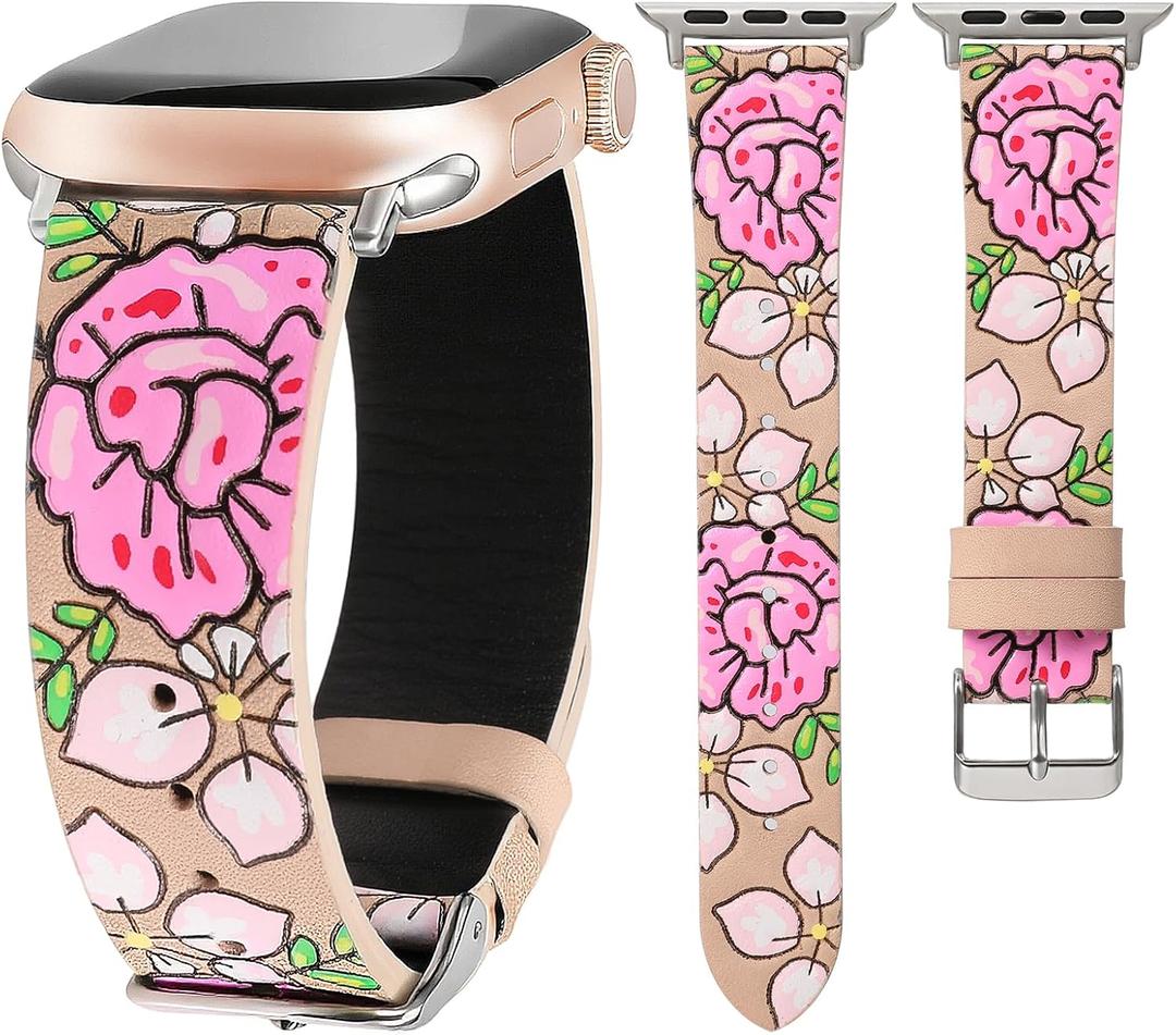 Moolia Floral Leather Band Compatible with Apple Watch Band 42/41/40/38/46/45/44/49mm Women, Cute Romantic Vintage Rose Pattern Strap for iWatch Series 11 10 9 8 7 6 5 4 3 2 1 SE/Ultra(1/2/3)