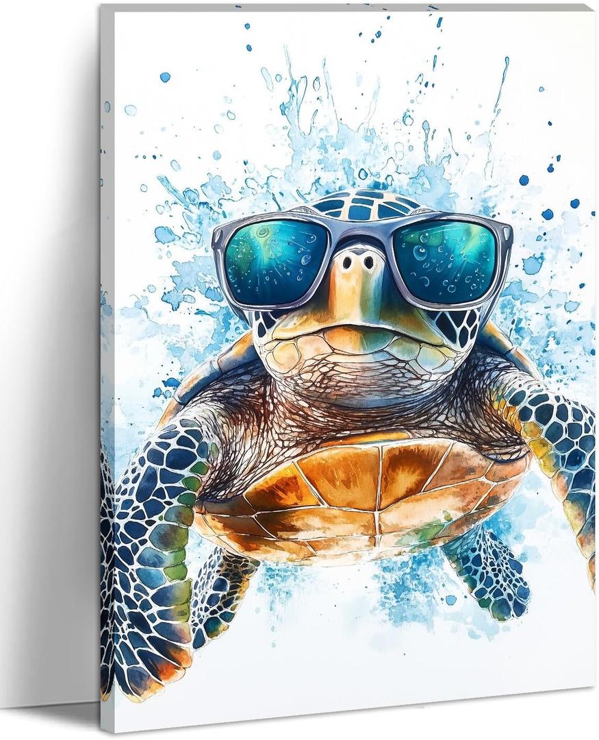 Funny Turtle Wall Art Sea Turtle with Glasses Picture Marine Life Painting Watercolor Canvas Prints Modern Artwork for Bathroom Living Room Home Decor Framed(Art-2,16"x24")