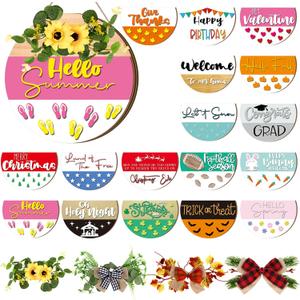 Vicenpal 22 Pcs Interchangeable Welcome Sign for Front Door with 17 Magnetic Icon Wooden Seasonal Front Porch Door Decor with 4 Seasonal Wreath for Holiday Halloween Christmas Gift(Black,Cute)