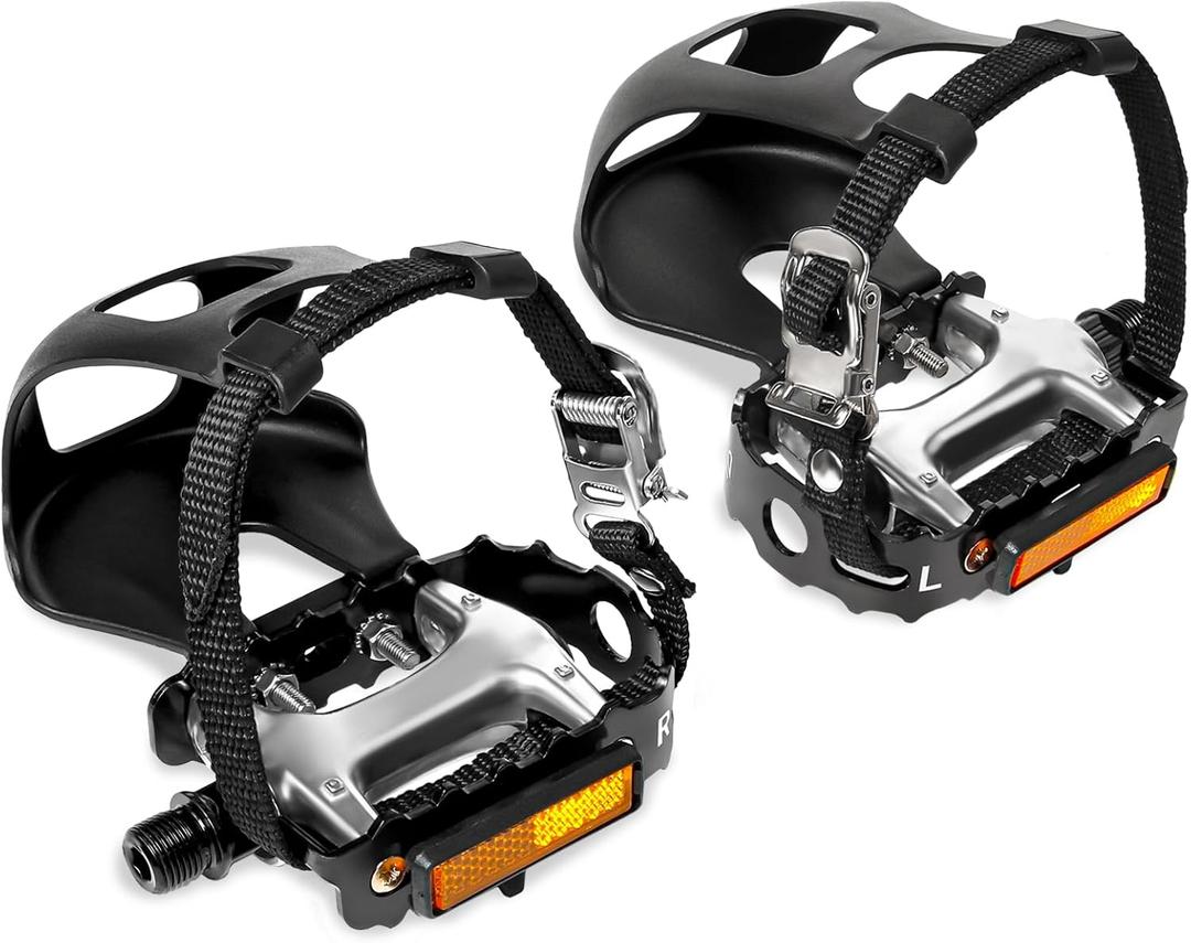 Bucklos Bike Pedals with Toe Cages and Straps - Bicycle Toe Clips Cage Compatible with Road Bike/Peloton/Mountian Bikes/MTB - Toe Clip Pedal for Wide Shoes Indoor Outdoor Cycling (White)