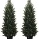 4FT Artificial Cedar Topiary Tree Lifelike Faux Cedar Pines Christmas Trees UV Rated Faux Shrubs Everygreen Plants for Front Porch Outdoor Decor Set of 2