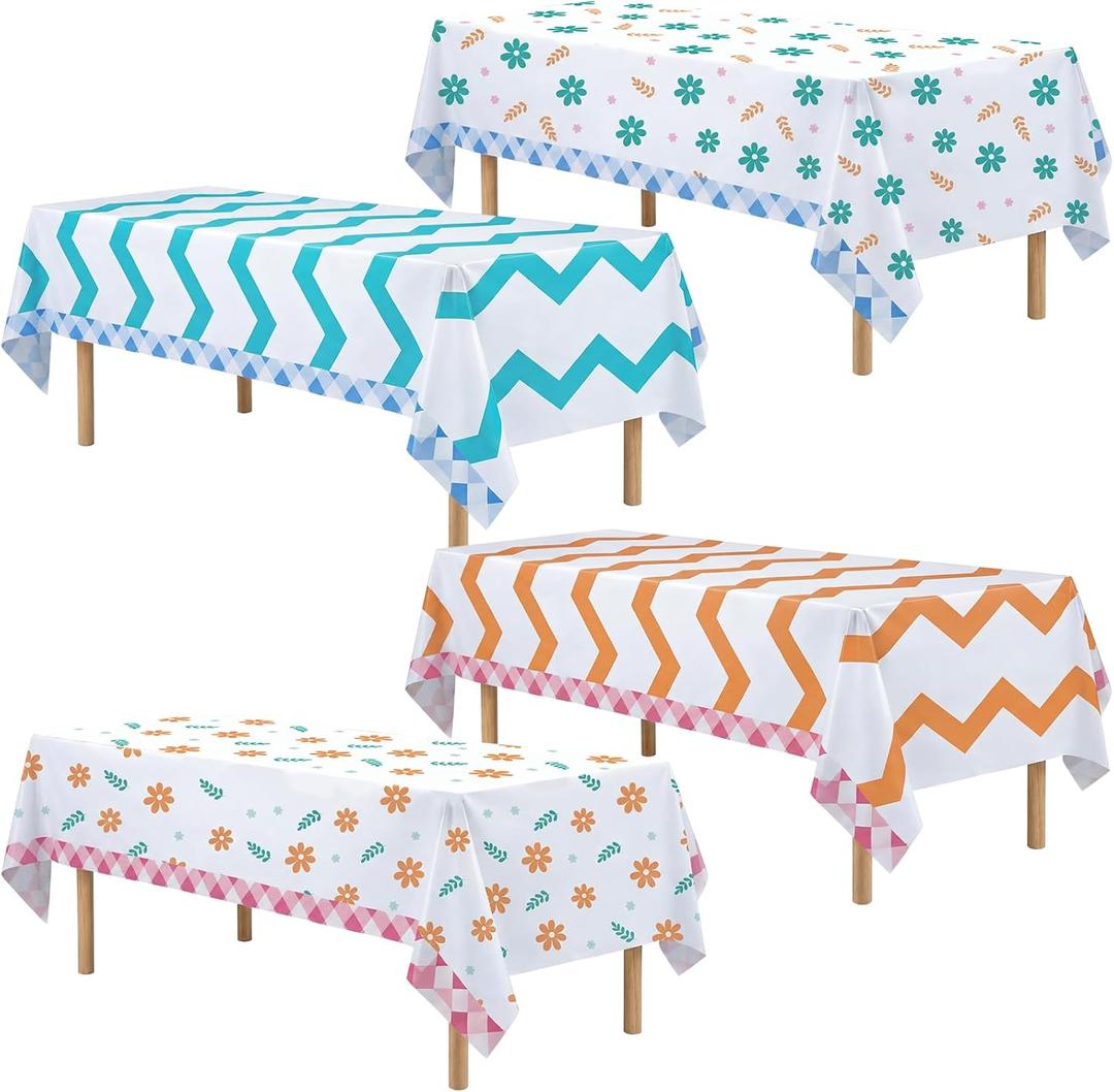 Gilprop 4 Packs Italian Summer Party Decorations Plastic Tablecloths Waterproof Disposable Table Covers Bachelorette Party Tablecloths Wavy Floral Stripe for Birthday Baby Shower Decor 54x108 Inch