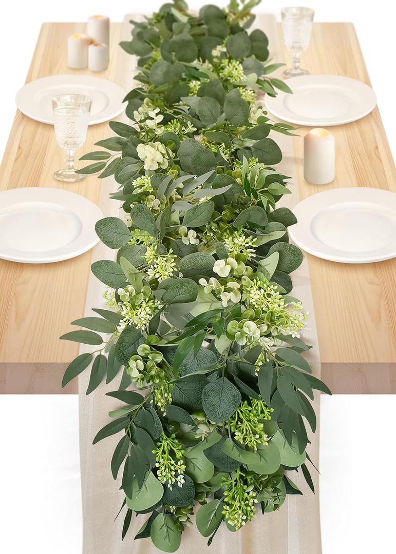 6Ft Eucalyptus Garland, Upgrade Bushy Artificial lvy Greenery Vines with Flower Gypsophila Willow Leaves for Home Wedding Party Table Runner Centerpiece Decor (1pcs)
