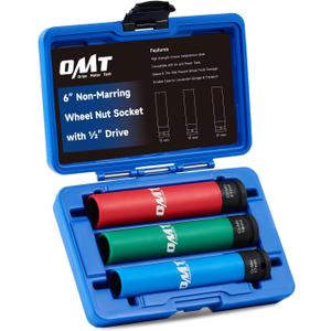Orion Motor Tech Lug Nut Socket Set, 3pc 1/2" Drive Extra Long Impact Sockets with 17mm 19mm 21mm Metric Sockets, 6" Thin Wall Wheel Lug Nut Deep Sockets with Colored Protective Covers & Carry Case