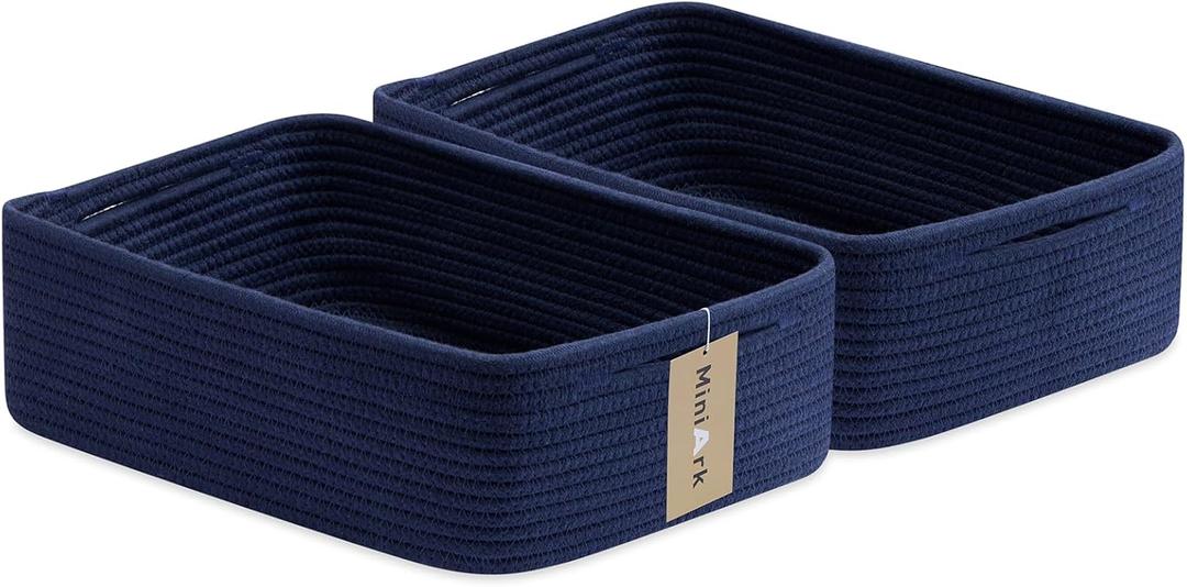 Large Shallow Organizing Baskets 15x11x5.1 Inches - Rope Woven Storage Bins for Bathroom, Shelves, Cube Closet, Navy Blue 2 Packs
