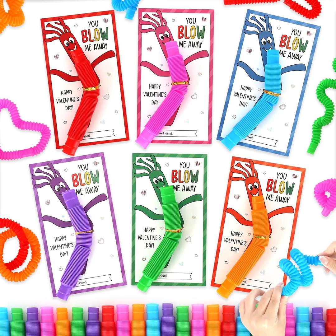 DAZONGE Valentines Day Gifts for Kids, 24 Pack Valentines Day Cards with Fidget Pop Tubes, Classroom Exchange Gifts for Kids, Sensory Fidget Toys for School Party Favors