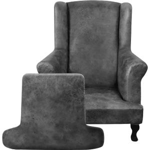 ANARACHON Leather Look Wingback Chair Covers, 2-Piece Wing Chair slipcover,Stretch Wing Back Armchair Slipcovers with Elastic Bottom, Soft Spandex Furniture Protector for Living Room (Light Grey)