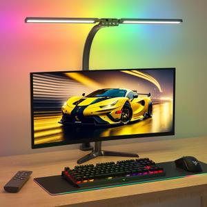 Upgraded LED Desk Lamp for Home Office with RGB, Rotatable Computer Desk Light with Remote, Eye Caring Table Lamp with Clamp for Study, Dimmable Dual Head Desk Lighting for Monitor PC, 22W