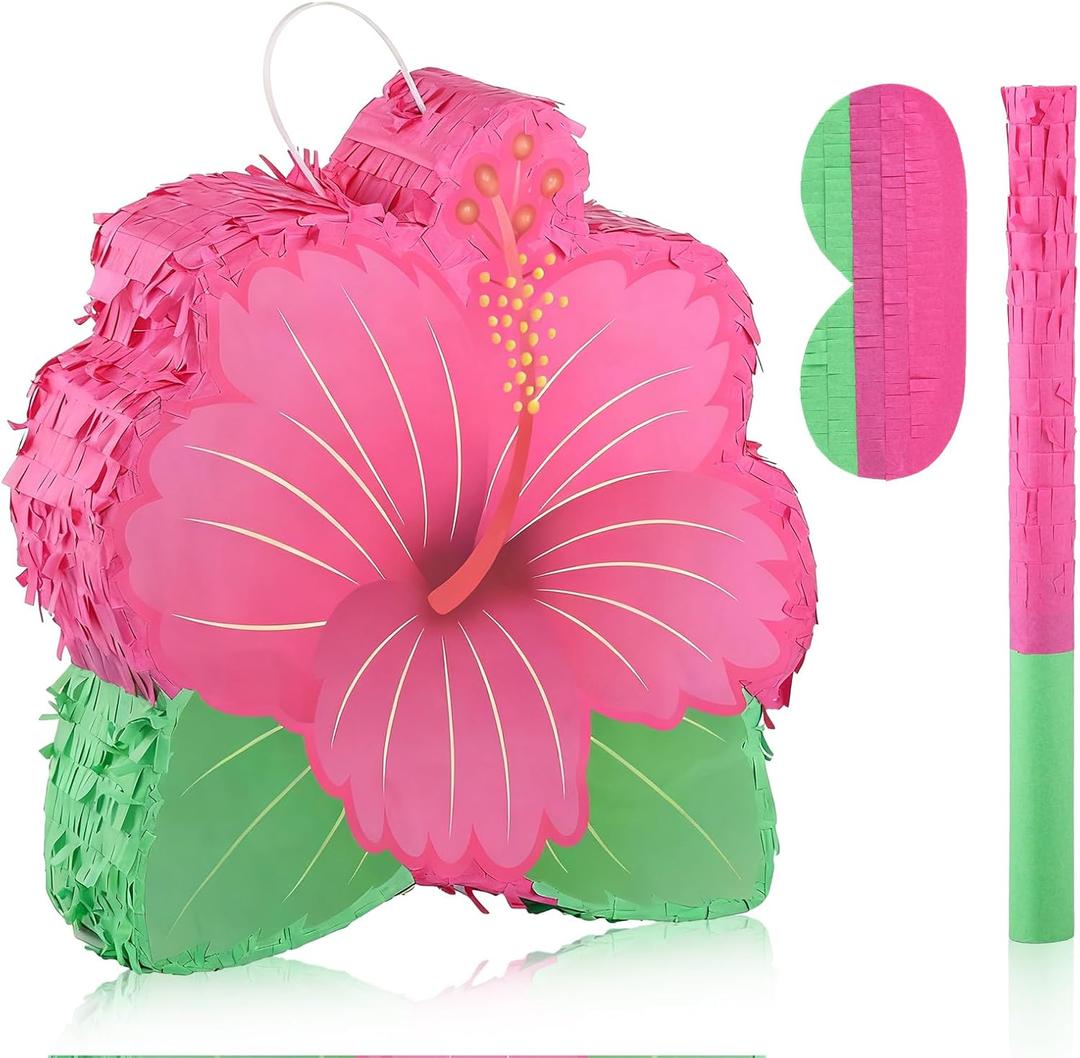 Sumind Hibiscus Flower Piata Set with Blindfold Bat Confetti Pink Flower Piata Hibiscus Hippie Boho Game for Birthday Baby Shower Gender Reveal Wedding Luau Party Supplies