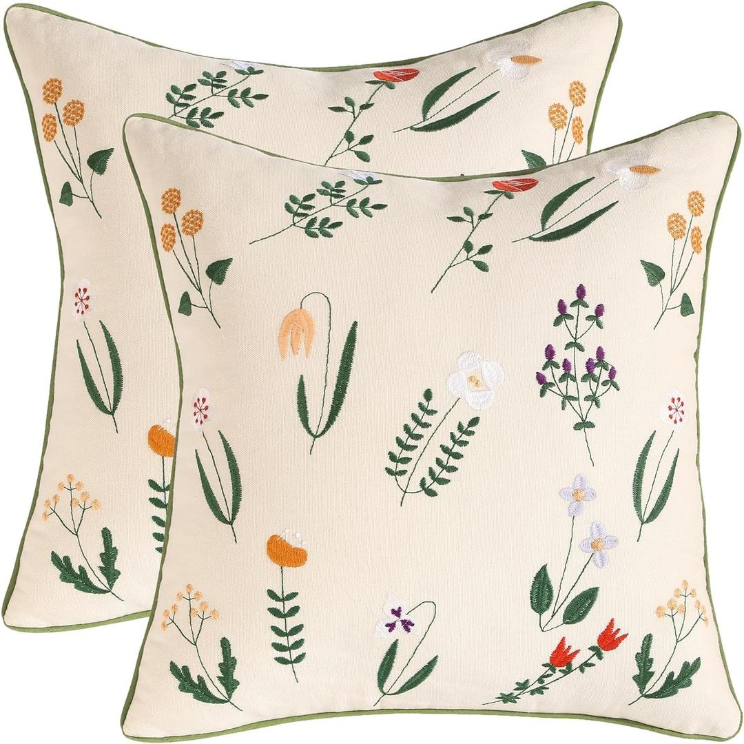 Tosleo Spring Decorative Pillowcases 16x16 inch Pack of 2 Embroidered Throw Pillow Covers Farmhouse Pillow Cushion Cases Home Decor Square Floral Pillow Case(Polychrome Flower)