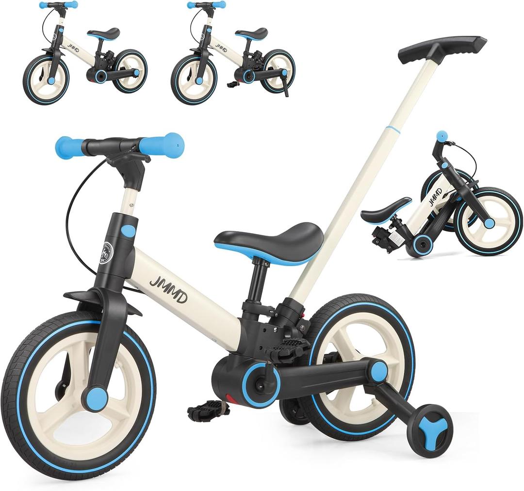 JMMD 6 in 1 Toddler Bike with Push Handle for Kids 18-60 Months, 12" Foldable Balance Bike with Training Wheels, Pedals, Brakes, Kickstand, Push Tricycle Toddler Gift & Toys for Boy & Girl