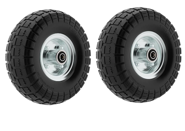 Wagon Wheel, 4.10/3.50-4 Tire, Gorilla Cart Tires Replacement, 10 Inch Solid Rubber, Gorilla Cart Wheels, Flat Free, Garden, Dolly, Barrow, Pressure Washer, Generator, 5/8” Axle Bore, 2 PK