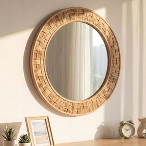 Vercraft 24 Inch Round Rattan Wicker Mirror, Rustic Boho & Farmhouse Style Handmade Woven Frame, Decorative Wall Mirror for Bathroom, Living Room, Bedroom, Entryway, Nursery Decor