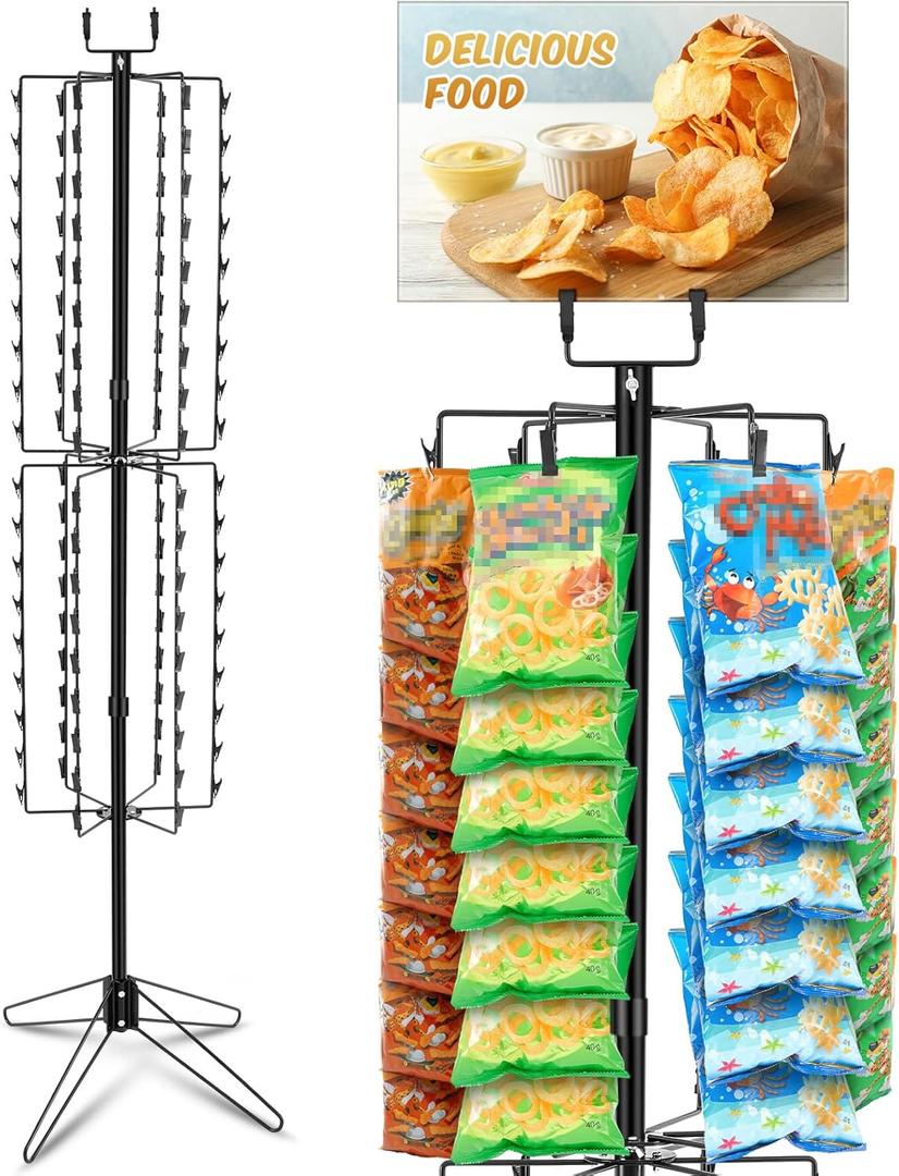 Standing Spinner Retail Display Rack with 108 Clips, 68.5" H Chip Spinning Display Rack 4" Top Wire Sign bracket, 12 Rotating Rods Heavy Duty Chip Holder, Black