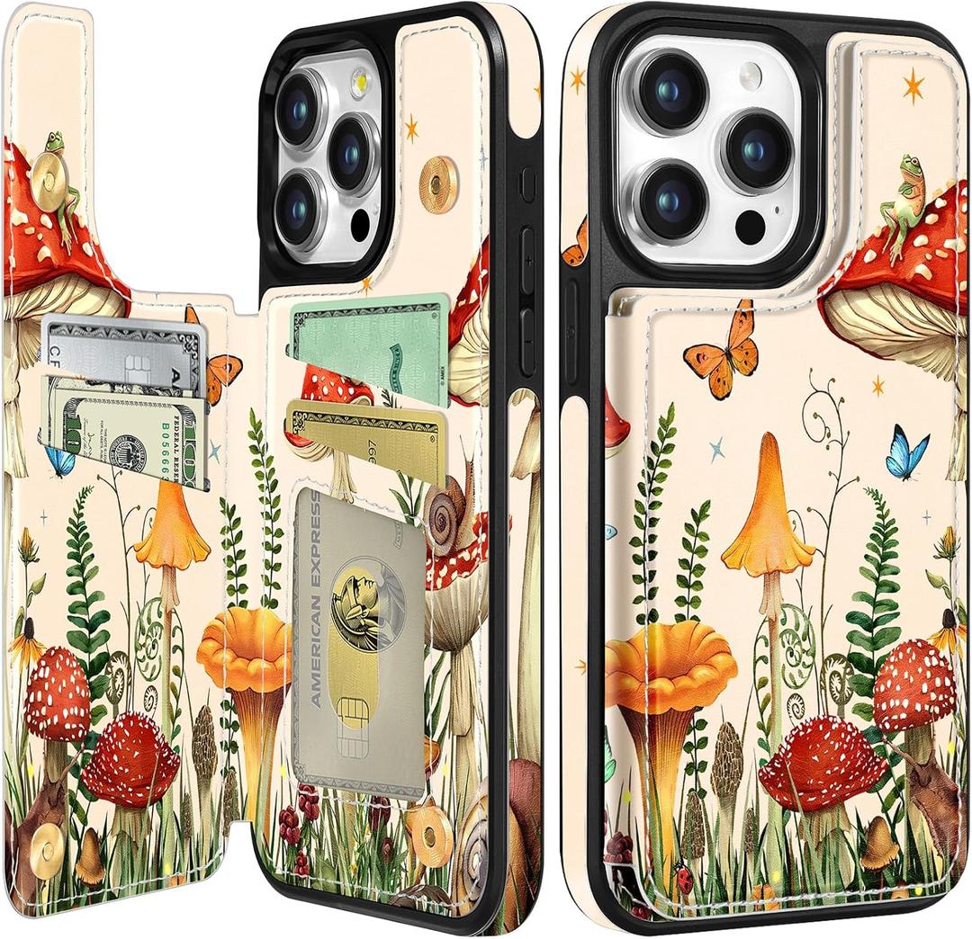 Lotadilo for iPhone 15 Pro Max Wallet Case with Card Holder, Designer Mushroom Frog Pattern Kickstand Magnetic Clasp Back Flip Folio Leather Phone Cases for iPhone 15 Promax for Women Men Girls