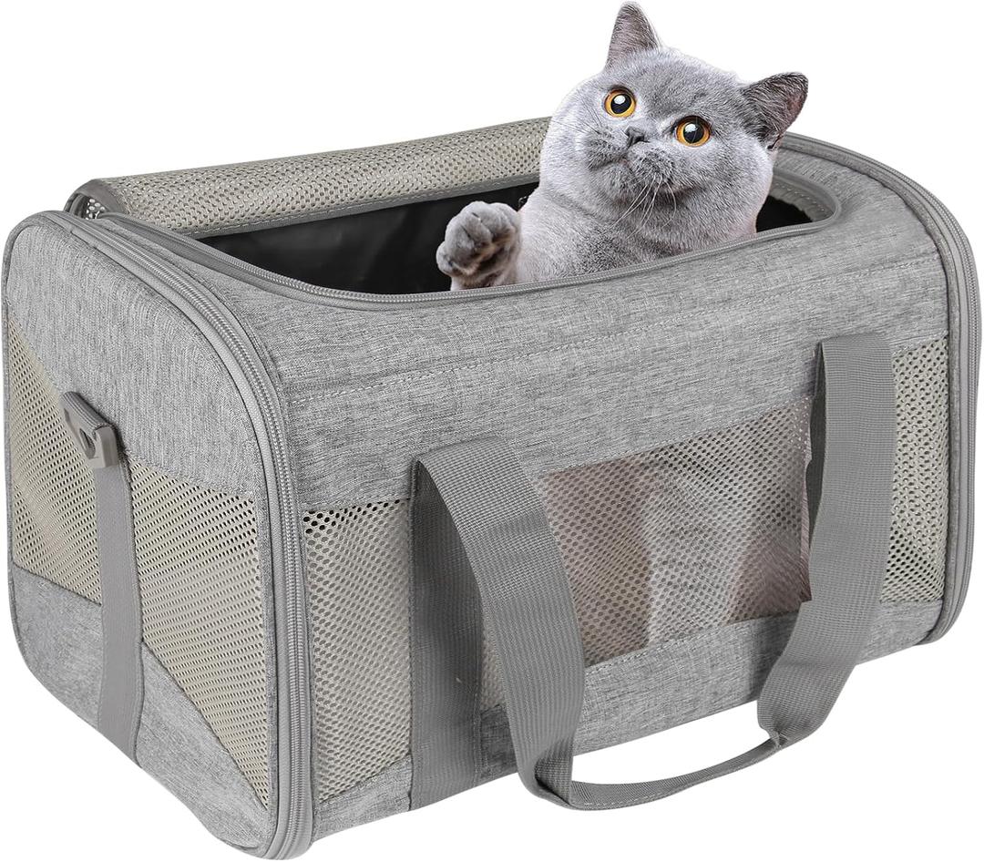 Cat Carrying Case - Pet Carrier Airline Approved, Portable and Breathable Pet Travel Carrier Removable Fleece Pad, Collapsible Cat Carrier Dog Carrier for Medium Cats Small Cats Dogs (17x11x11, Grey)