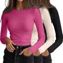 Ficerd 3 Pack Women's Ribbed Long Sleeve Tops, Crew Neck Slim Fit Undershirts Knit Basic Casual Stretch Layering Tee Shirts (Yellow, M)