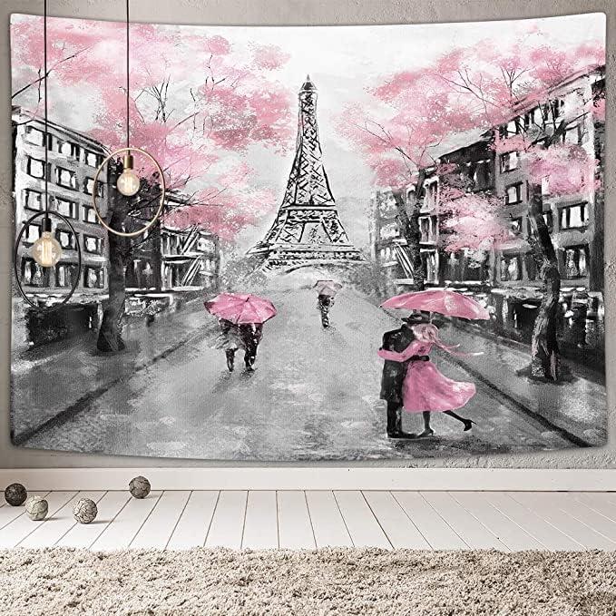 Drgilau Paris Tapestry Wall Hanging, Eiffel Tower Aesthetic Romantic Wall Art Tapestries for Woman Teen Girl Bedroom Living Room Home (80"L x 60"W, Pink)
