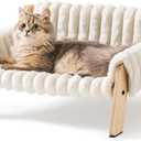 MEWOOFUN Cat Couch Bed, Pet Sofa for Indoor Cats Wooden Indoor Elevated Cat Beds with Removable Mattress Cover Suitable for Kitty, Puppy or Small Animal (Cream, Medium)