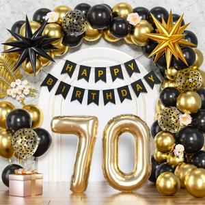 54Pcs 70th Birthday Decorations for Men Women, Black and Gold Balloon, Large Number 70 Fabulous, Star Balloons Party Decorations with Happy 70th Birthday Banner, 70 Year Old Anniversary Decor Supplies