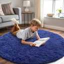 OLANLY Navy Blue Round Rugs for Bedroom - Machine Washable, 4 ft Circle Area Rugs for Living Room, Soft and Fluffy Shaggy Carpet for Teen Girls and Boys, Nursery Rooms, Dorms, Home Decor Aesthetic