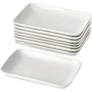 8 Inch Rectangular Appetizer Plates, Ceramic Dessert Plates, Salad Plates Set, Small White Serving Plates for Salad, Appetizer, Snack, Sushi, Microwave, Oven, Dishwasher Safe, Set of 8