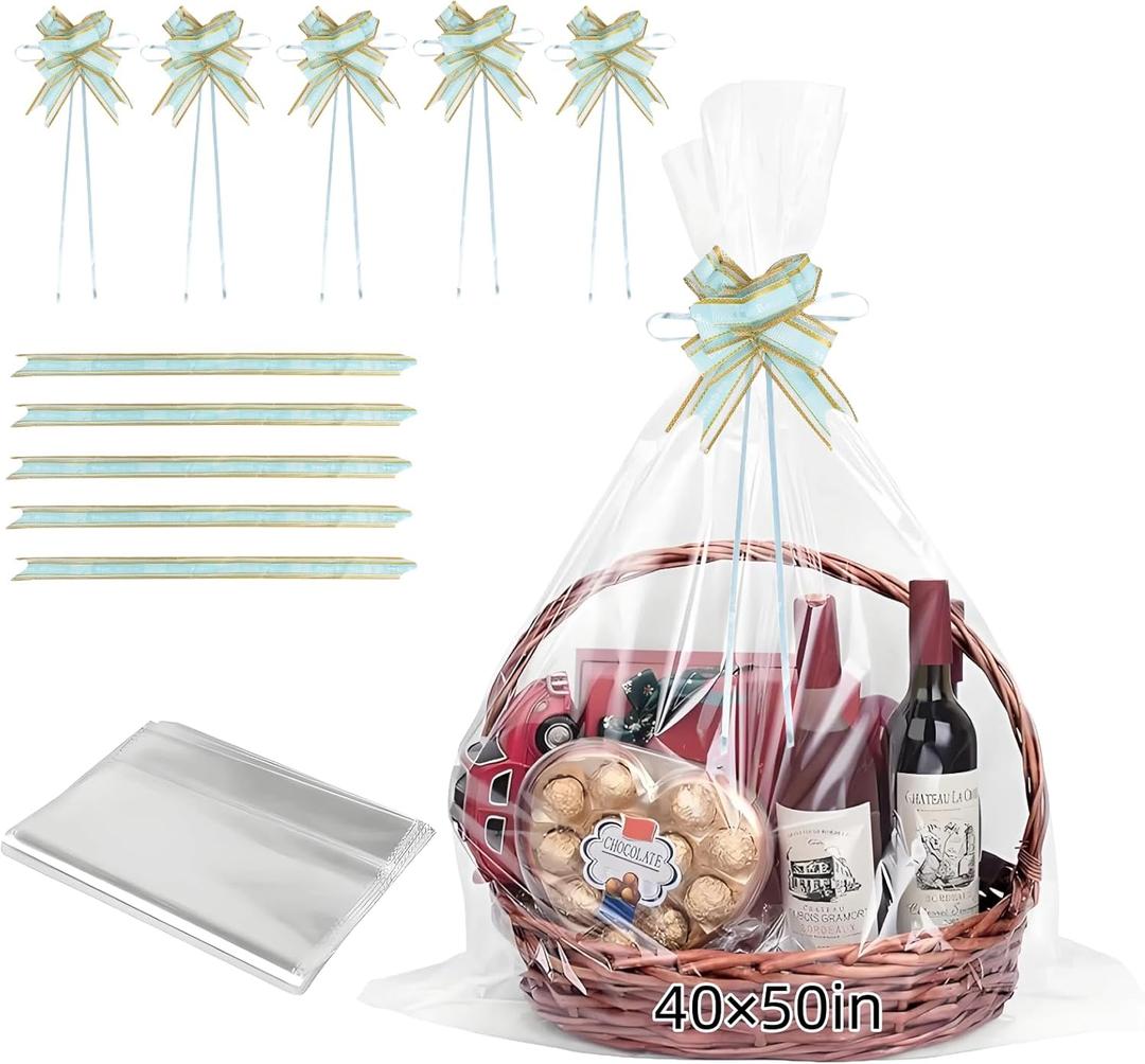 40x50 Extra Large Cellophane Bags with Bow Ties, Clear Plastic Cello Wrap Storage Bags, Jumbo Huge Basket Bags for Gift Basket Birthday Wedding Baby Bridal Shower Halloween (5 PCS, Ribbon Included)