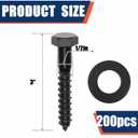 Tandefio 200 Pack 1/2''X 3'' Lag Bolts Screw with Washer Galvanized, Black