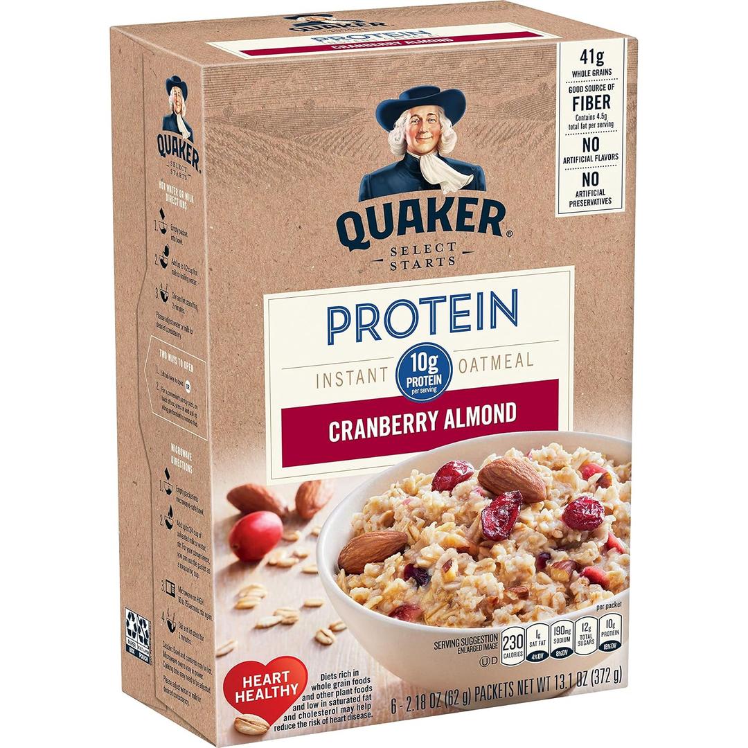 Quaker Instant Oatmeal, Select Starts, Protein, Cranberry Almond, Breakfast Cereal, 6 Packets Per Box (Pack of 6 Boxes),  BBD 08/09/2026