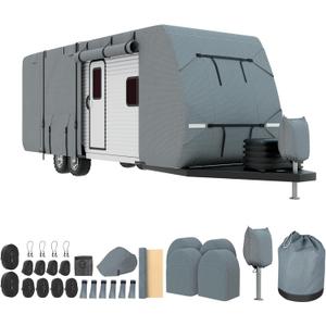 Mofeez Travel Trailer Cover 30-33 ft, Extra-Thick Upgraded 7 Layers Camper Covers 30-33 with Roof Top ac RV Cover Windproof Waterproof Rip-Stop- 2Pcs Extra Straps & 4 Tire Covers