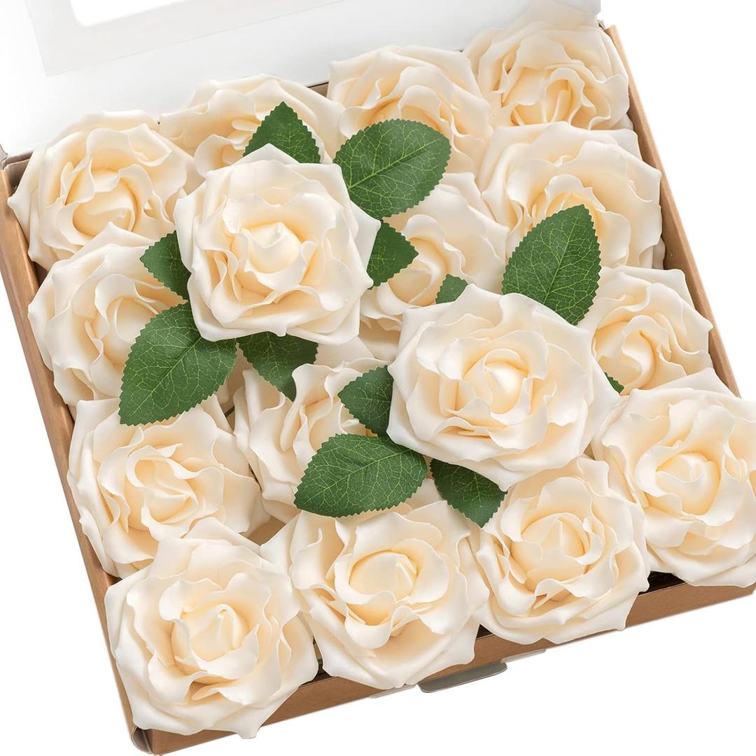 Ling's Moment Rose Artificial Flowers 16pcs Realistic Cream Avalanche Roses with Stem for DIY Wedding Bouquets Centerpieces Floral Arrangements Decorations