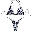 WDIRARA Women's 2 Pieces Cow Print Bikini Set Halter Swimsuit High Cut Bathing Suit (XS, Black and White)