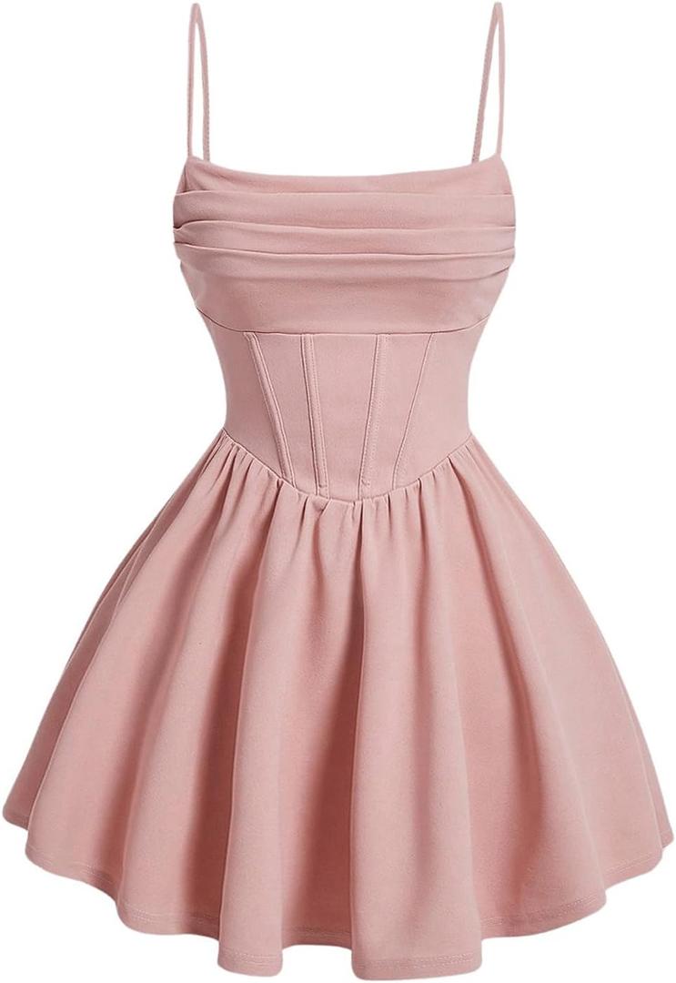 SHENHE Women's Ruched Corset Dress Spaghetti Strap Fit and Flare Flowy Skater Mini Cami Dress Pink, Medium