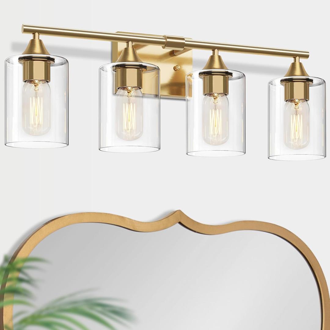 Brushed Gold Vanity Light,4 Light Gold Bathroom Light Fixtures, Bathroom Lights Over Mirror with Clear Glass Shade, Modern Wall Lighting for Mirror Bedroom Vanity Hallway