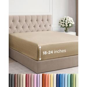 Extra Deep King Fitted Sheet - Hotel Luxury Single Fitted Sheet Only - Easily Fits 18 inch to 24 inch Mattress - Ultra Soft, Wrinkle Free with Extra Deep Pockets - Breathable & Comfy - Heathered Tan