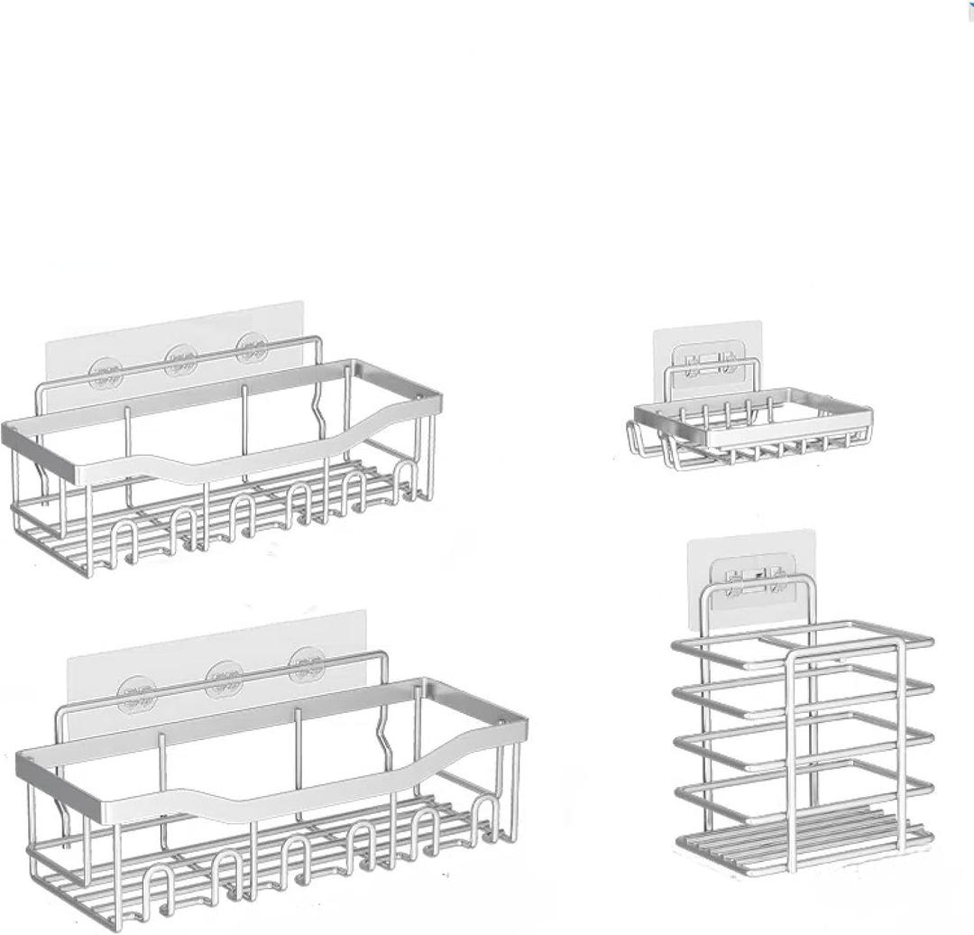 Non-Perforated Bathroom Storage Rack Shelf Set, Wrought Iron Wall-Mounted Shelf, Washing and Storage (Square 6-hook Silver 5-piece Set)