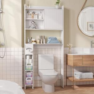 Over The Toilet Storage Cabinet with Sliding Door, 31.5" W Over Toilet Bathroom Organizer with Adjustable Shelves & Toilet Paper Holder, Space Saver Cabinet for Bathroom, White